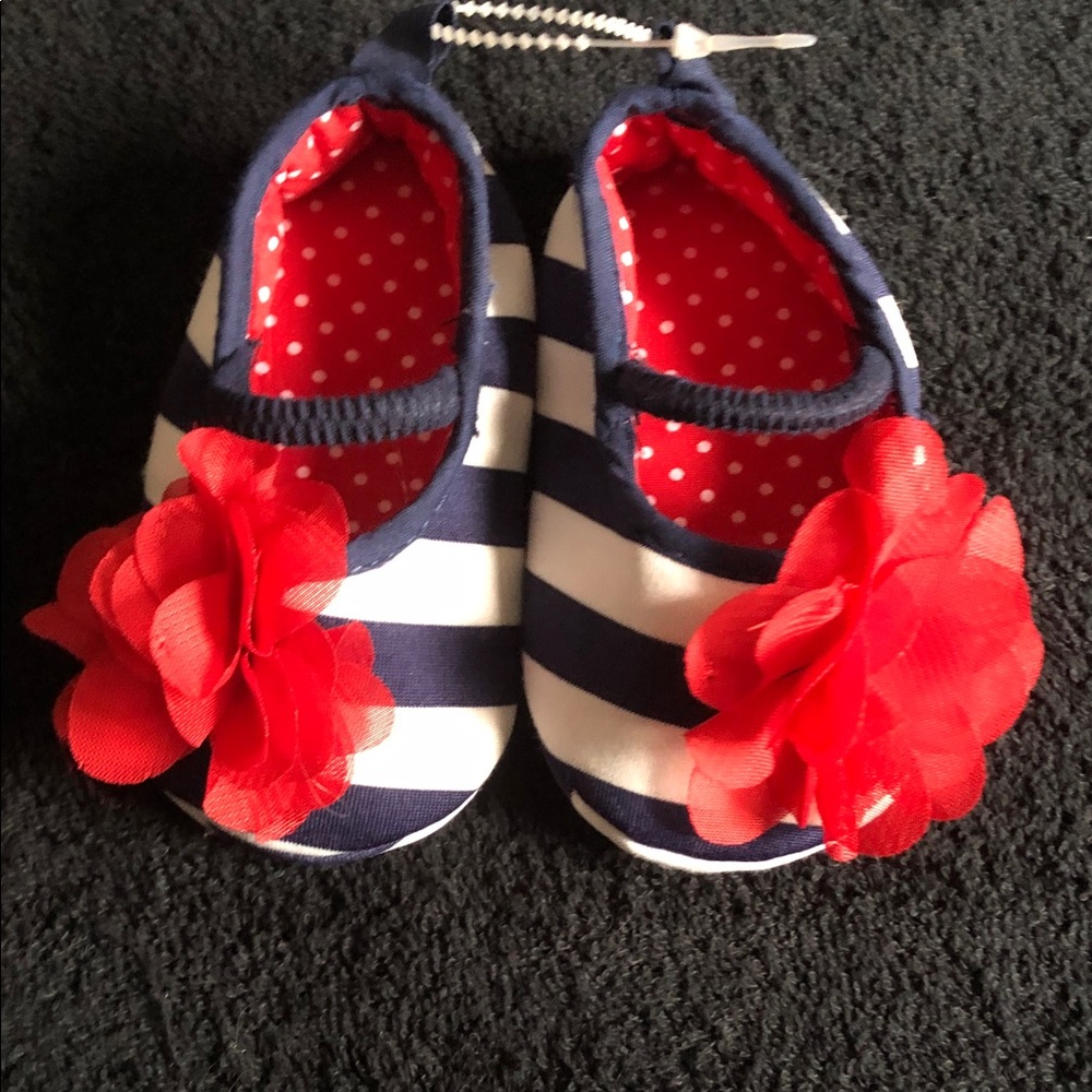 Striped Navy & White Baby Mary Jane Shoes with Red Flower